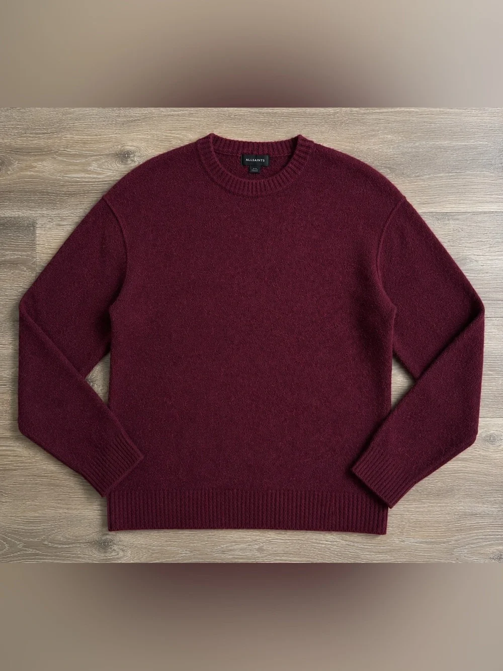 AllSaints Patern Wool Blend Crewneck Sweater Burgundy XXL Warm Quiet Luxury